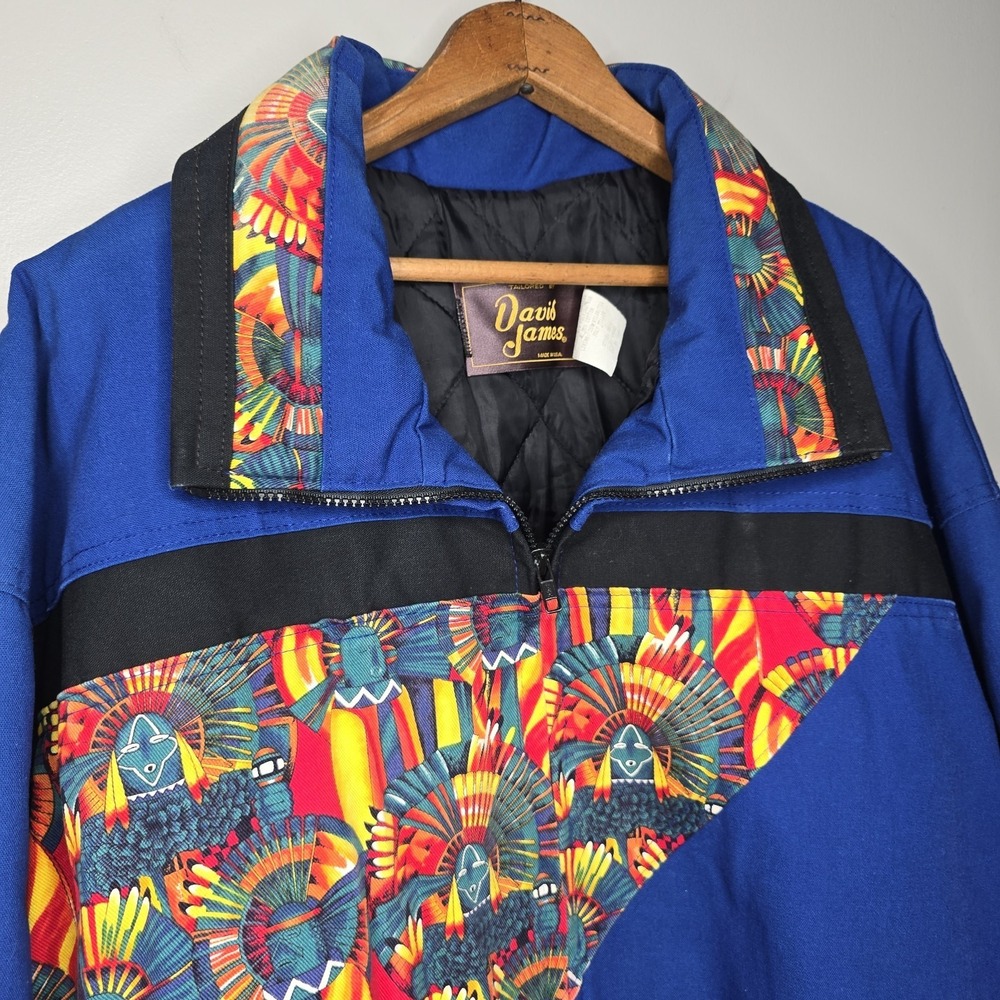 David James Mens Blue Southwestern Graphic Bomber Canvas Jacket L RARE Color Vtg